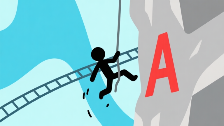 自动生成图片: Ilustrasi minimalis karakter stickman terjatuh dari jalur panjat abstrak berwarna biru muda dan abu-abu, dengan tanda silah merah besar di dekatnya, gaya clean vector, komposisi sederhana high quality illustration, detailed, 16:9