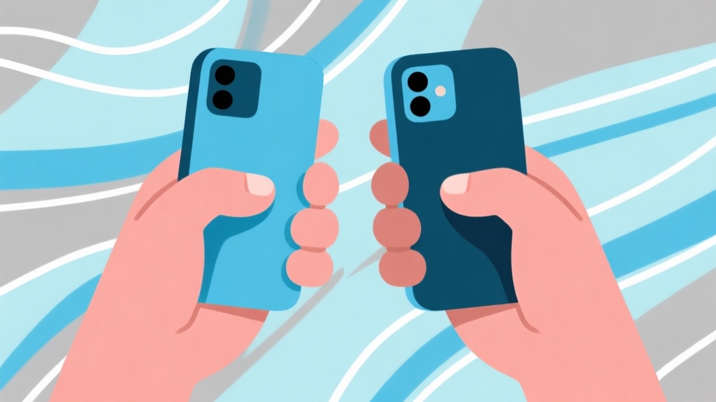 Ilustrasi dua tangan memegang ponsel dengan highlight pada posisi jempol yang berbeda, satu kaku dan satu rileks, latar belakang abstrak dengan garis-garis gerakan, gaya flat design minimalis, skema warna biru muda dan abu-abu high quality illustration, detailed, 16:9