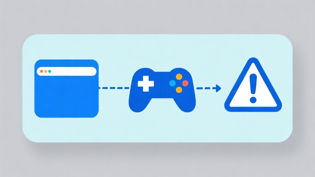 Ilustrasi minimalis dengan ikon browser, game controller, dan simbol peringatan (warning) yang saling terhubung dengan garis putus-putus, skema warna biru muda dan abu-abu, gaya desain bersih, konsep pemecahan masalah teknis high quality illustration, detailed, 16:9