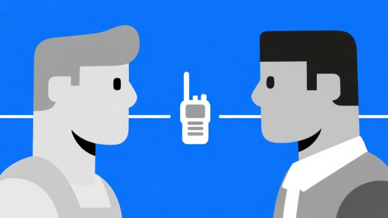 自动生成图片: Ilustrasi dua karakter game bergaya minimalis saling berhadapan dengan garis penghubung dan ikon walkie-talkie di antara mereka, skema warna biru dan abu-abu, desain bersih, konsep kerja sama tim high quality illustration, detailed, 16:9