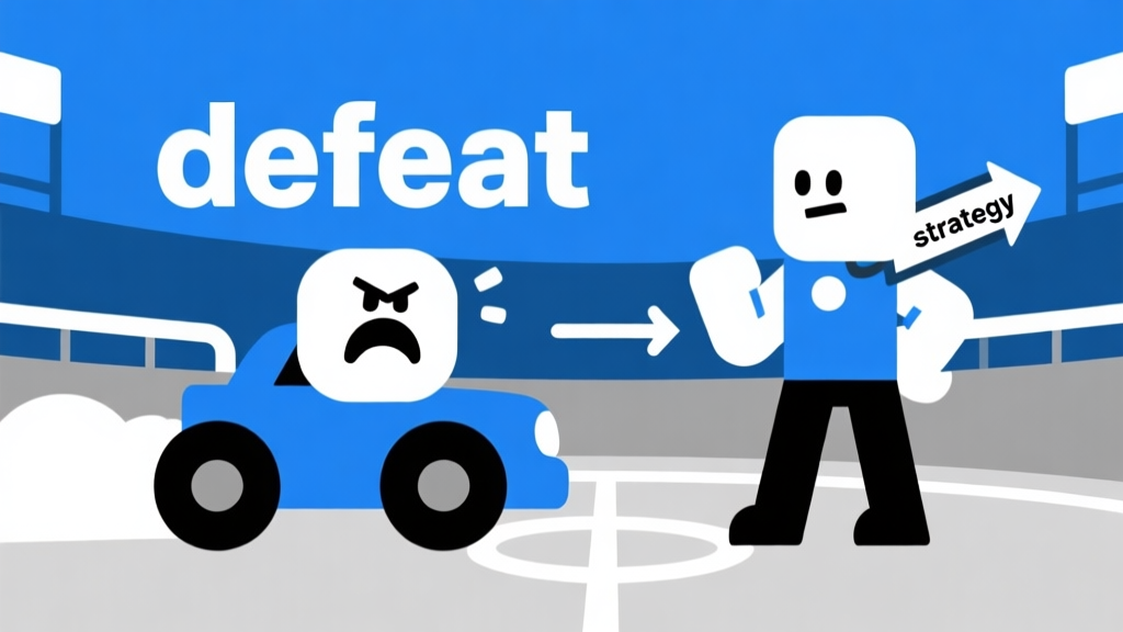 Ilustrasi vektor minimalis dua karakter game bergaya kendaraan roda di arena, satu terlihat frustrasi dengan ikon 'defeat' besar, yang lain percaya diri dengan panah 'strategy' mengarah padanya. Skema warna biru dan abu-abu, desain bersih, gaya infografis high quality illustration, detailed, 16:9