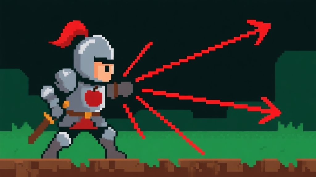 Ilustrasi minimalis seorang knight dengan helm apel sedang bertahan dari serangan, dengan garis-garis arah serangan berwarna merah, latar belakang gelap dengan aksen hijau dan coklat, gaya game pixel art yang bersih high quality illustration, detailed, 16:9