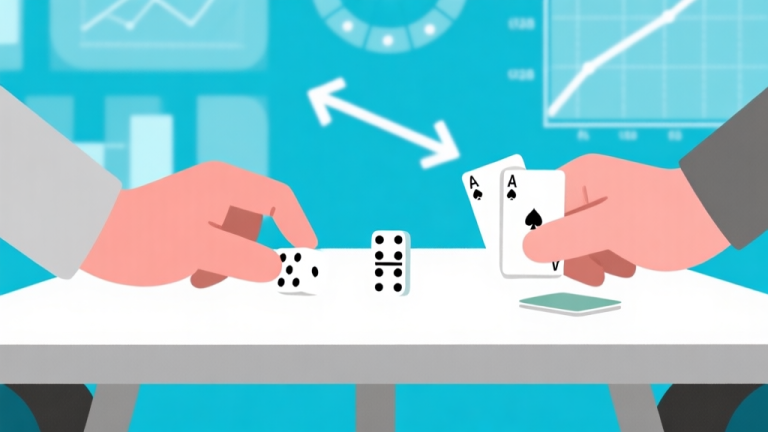自动生成图片: Ilustrasi abstrak dua tangan bermain di atas meja, satu memegang dadu dan satu memegang kartu domino, dengan panah-panah strategis dan diagram peluang yang samar-samar di latar belakang, skema warna biru muda dan abu-abu, gaya minimalis clean high quality illustration, detailed, 16:9