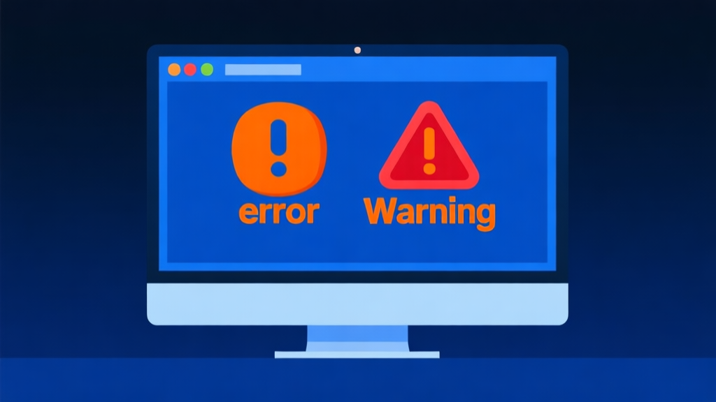 Ilustrasi minimalis layar komputer game dengan ikon "error" dan "warning" berwarna oranye dan merah, latar belakang biru gelap, gaya desain bersih, konsep pemecahan masalah teknis high quality illustration, detailed, 16:9