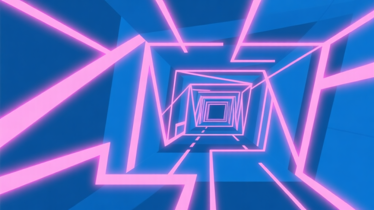 自动生成图片: Ilustrasi minimalis lorong geometris berwarna neon dengan jalur yang kompleks, fokus pada perspektif yang dalam dan kecepatan, gaya digital clean, skema warna biru dan magenta high quality illustration, detailed, 16:9