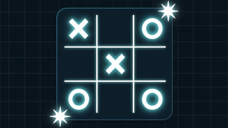 自动生成图片: Ilustrasi papan Tic Tac Toe 3x3 dengan simbol X dan O yang bersinar di sudut-sudut strategis, latar belakang gelap dengan grid samar, gaya minimalis dan clean, fokus pada pola kemenangan high quality illustration, detailed, 16:9