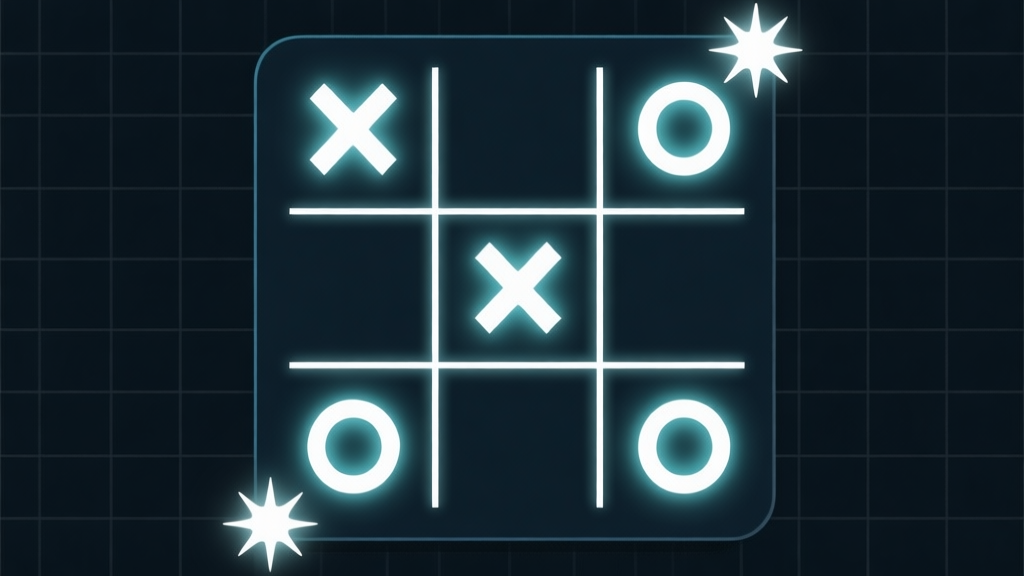 Ilustrasi papan Tic Tac Toe 3x3 dengan simbol X dan O yang bersinar di sudut-sudut strategis, latar belakang gelap dengan grid samar, gaya minimalis dan clean, fokus pada pola kemenangan high quality illustration, detailed, 16:9