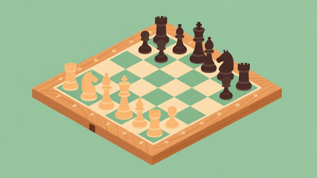 Ilustrasi minimalis papan catur dengan beberapa bidak (pion dan kuda) di posisi awal, fokus pada area tengah papan, warna kayu hangat dan hijau lembut, gaya clean vector, konsep permainan strategi high quality illustration, detailed, 16:9