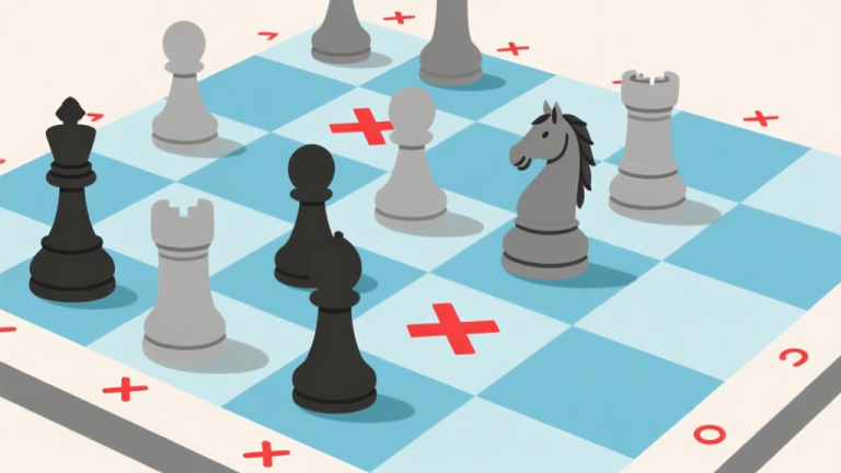 自动生成图片: Ilustrasi papan catur dengan beberapa bidak (terutama pion dan kuda) di posisi awal yang kacau, ditandai dengan simbol 'X' merah pada langkah-langkah tertentu. Skema warna biru muda dan abu-abu, gaya minimalis, clean lines high quality illustration, detailed, 16:9