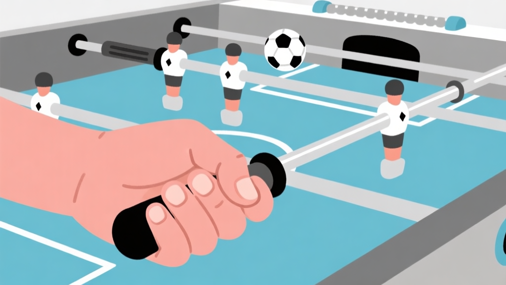 Ilustrasi close-up tangan memegang pegangan pemain sepak bola meja, fokus pada posisi jari dan pergelangan tangan yang siap melakukan servis, dengan bola di atas meja, gaya garis bersih minimalis, warna biru muda dan abu-abu high quality illustration, detailed, 16:9