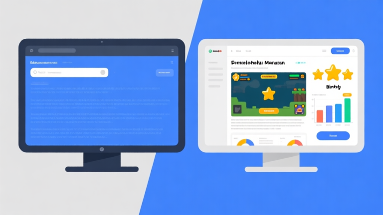 自动生成图片: Ilustrasi kontras antara dua layar. Satu layar penuh teks padat dan membosankan dengan peringkat SEO rendah, satunya lagi tampilan artikel game yang menarik dengan diagram, screenshot, dan peringkat bintang. Gaya flat design, warna biru dan abu-abu dominan, bersih dan profesional. high quality illustration, detailed, 16:9