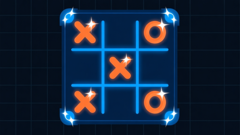 自动生成图片: Ilustrasi papan Tic Tac Toe 3x3 dengan simbol X dan O yang bersinar di sudut-sudut strategis, latar belakang gelap dengan grid samar, gaya minimalis dengan aksen warna biru dan oranye, konsep strategi permainan high quality illustration, detailed, 16:9