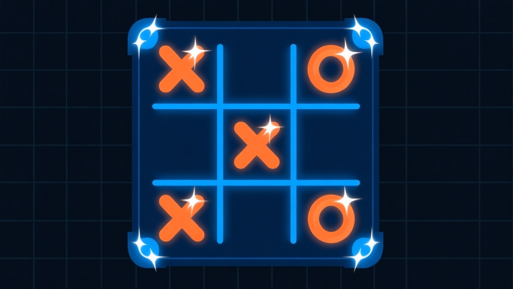 Ilustrasi papan Tic Tac Toe 3x3 dengan simbol X dan O yang bersinar di sudut-sudut strategis, latar belakang gelap dengan grid samar, gaya minimalis dengan aksen warna biru dan oranye, konsep strategi permainan high quality illustration, detailed, 16:9