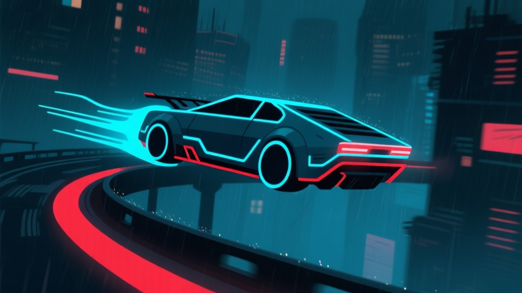 Ilustrasi minimalis mobil futuristik cyberpunk sedang melayang di tikungan, dengan garis-garis neon biru dan merah menunjukkan alur udara dan downforce, latar belakang kota gelap dengan hujan, gaya seni konsep game yang bersih high quality illustration, detailed, 16:9