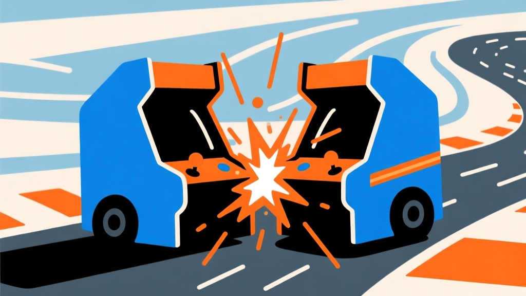 Ilustrasi vektor minimalis dua mobil arcade dengan gaya kartun yang akan bertabrakan, dengan garis-garis gaya (force lines) dan titik dampak yang menyala, skema warna biru dan oranye, latar belakang abstrak lintasan balap high quality illustration, detailed, 16:9