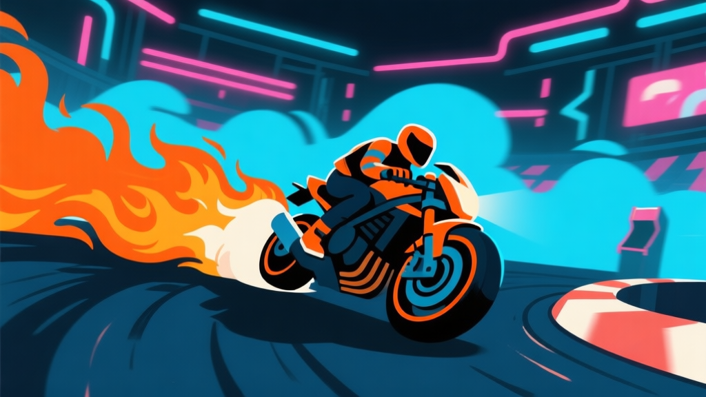 Ilustrasi gaya game arcade dengan sepeda motor sedang melakukan drift tajam di tikungan, meninggalkan jejak api berwarna oranye dan biru, latar belakang arena neon yang abstrak, komposisi dinamis, gaya minimalis yang bersih high quality illustration, detailed, 16:9