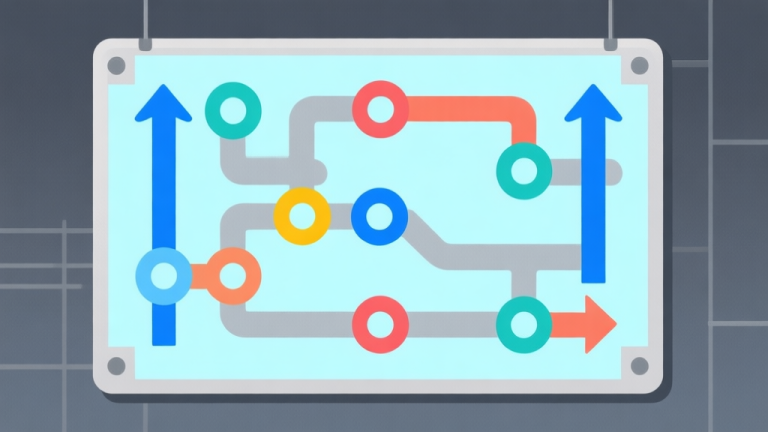 自动生成图片: Ilustrasi papan Ludo digital dengan panah dan lingkaran berwarna berbeda yang saling terhubung, menunjukkan jalur strategis, skema warna biru muda dan abu-abu, desain minimalis bersih, gaya infografis high quality illustration, detailed, 16:9