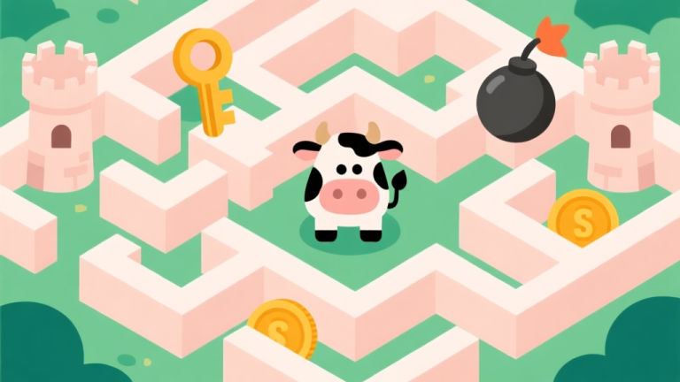 自动生成图片: Ilustrasi game Cow Castle dengan karakter sapi di tengah labirin, dikelilingi ikon-ikon seperti kunci, bom, dan koin, gaya flat design minimalis dengan warna pastel, fokus pada elemen strategi high quality illustration, detailed, 16:9
