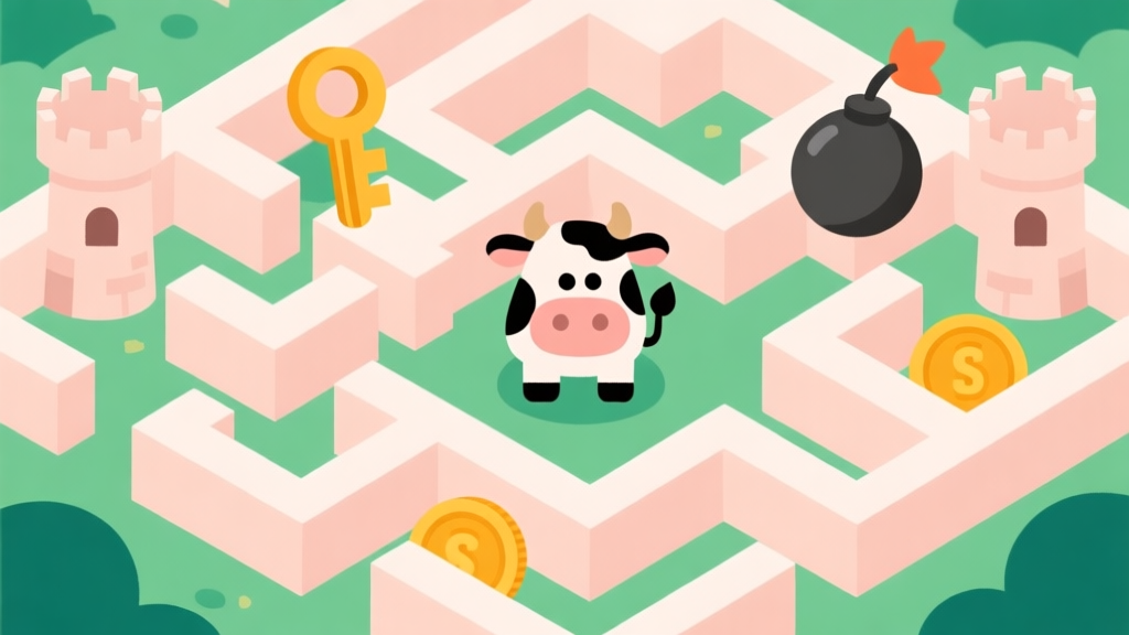 Ilustrasi game Cow Castle dengan karakter sapi di tengah labirin, dikelilingi ikon-ikon seperti kunci, bom, dan koin, gaya flat design minimalis dengan warna pastel, fokus pada elemen strategi high quality illustration, detailed, 16:9