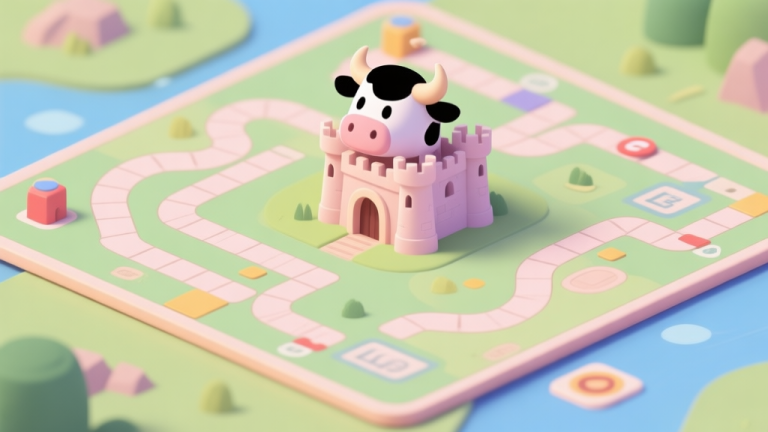 自动生成图片: Ilustrasi digital gaya game papan, menunjukkan peta Ludo dengan jalur berliku dan sebuah kastil kecil bergaya kartun dengan atap berbentuk kepala sapi di tengah, warna pastel, desain bersih dan minimal high quality illustration, detailed, 16:9