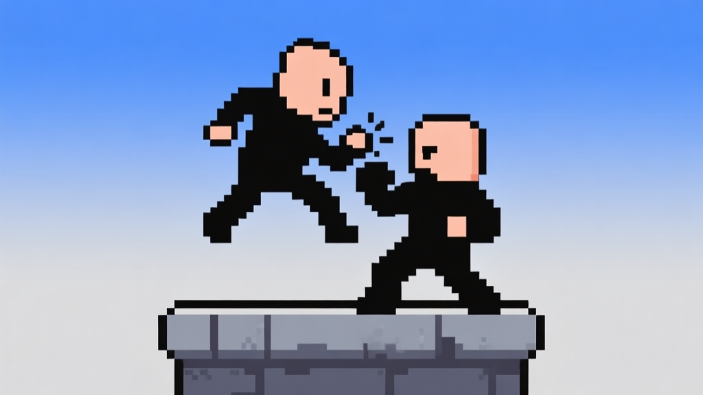 Ilustrasi dua karakter piksel sederhana sedang bertarung di platform kecil, satu karakter sedang dalam posisi menguasai di atas yang lain, latar belakang minimal dengan gradien biru dan abu-abu, gaya game retro yang bersih high quality illustration, detailed, 16:9