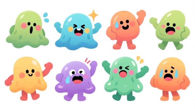 自动生成图片: Ilustrasi karakter Blumgi Slime dengan berbagai ekspresi lucu dan pose konyol, latar belakang putih minimalis, gaya kartun digital yang bersih dan cerah high quality illustration, detailed, 16:9