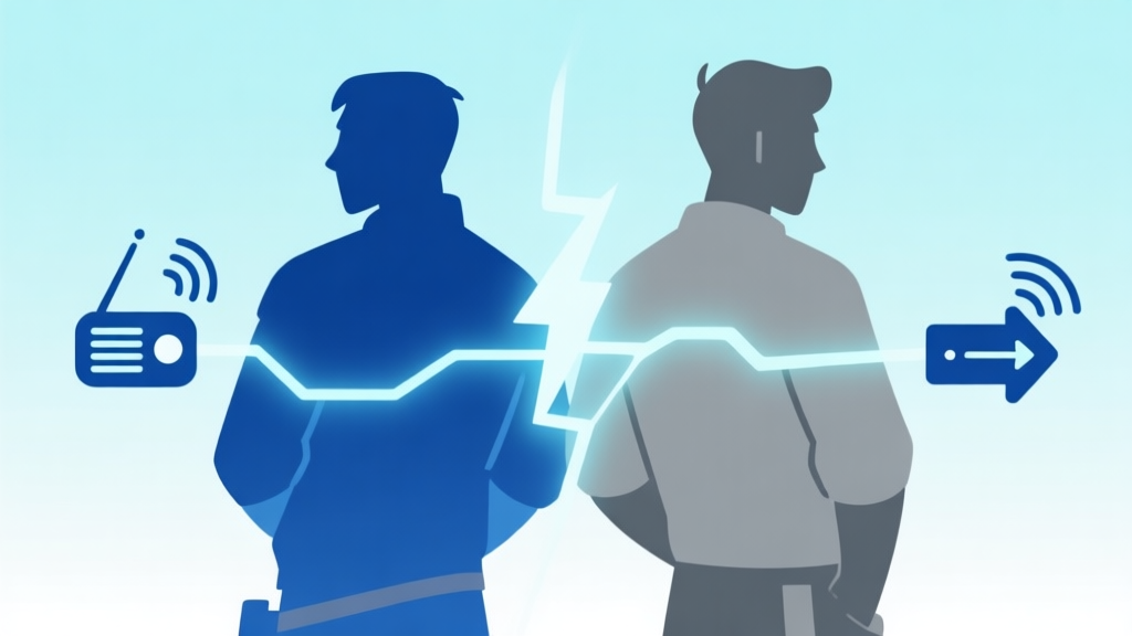 Dua siluet karakter game dengan gaya berbeda berdiri back-to-back, dihubungkan oleh garis-garis energi dan ikon komunikasi seperti sinyal radio dan panah, skema warna biru muda dan abu-abu, desain minimalis clean, ilustrasi konsep kerja sama tim high quality illustration, detailed, 16:9
