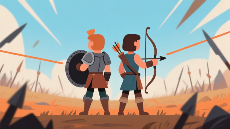 自动生成图片: Dua karakter game dengan gaya kartun minimalis berdiri back-to-back, satu dengan perisai dan satu dengan panah, di tengah medan pertempuran abstrak dengan garis-garis strategis menghubungkan mereka, warna earthy tones dengan aksen biru dan oranye, ilustrasi digital clean high quality illustration, detailed, 16:9