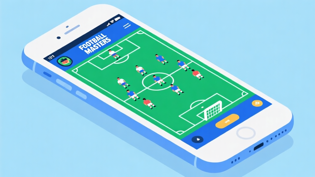 Ilustrasi minimalis ponsel dengan layar game Football Masters yang menunjukkan formasi tim dan statistik pemain, warna biru muda dan hijau, desain bersih, gaya infografis high quality illustration, detailed, 16:9