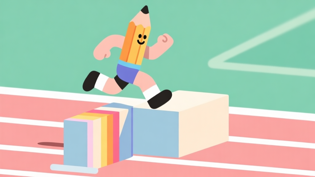 Ilustrasi minimalis karakter pensil warna sedang melompati rintangan berbentuk balok, dengan garis-garis warna-warni di latar belakang menunjukkan jalur lari, gaya flat design yang bersih, skema warna pastel soft high quality illustration, detailed, 16:9