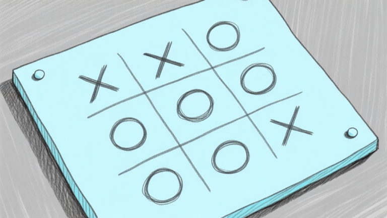 自动生成图片: Ilustrasi papan Tic Tac Toe 3x3 dengan simbol X dan O yang bersaing, ditampilkan dalam gaya sketsa garis minimalis dengan warna biru muda dan abu-abu, fokus pada strategi dan pola high quality illustration, detailed, 16:9