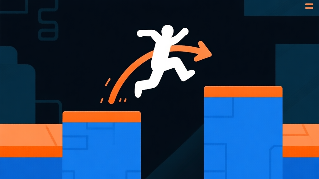 Ilustrasi minimalis karakter siluet melompat di antara platform biru dan oranye, panah melengkung menunjukkan perubahan arah gravitasi, latar belakang gelap dengan elemen geometris sederhana, gaya clean vector game high quality illustration, detailed, 16:9