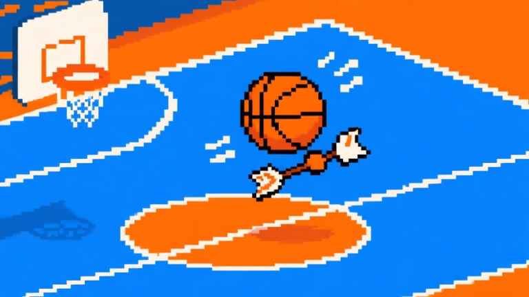 自动生成图片: Ilustrasi minimalis karakter basket piksel dengan panah strategis melayang di sekitar lapangan, skema warna biru dan oranye, gaya retro game arcade, komposisi dinamis high quality illustration, detailed, 16:9