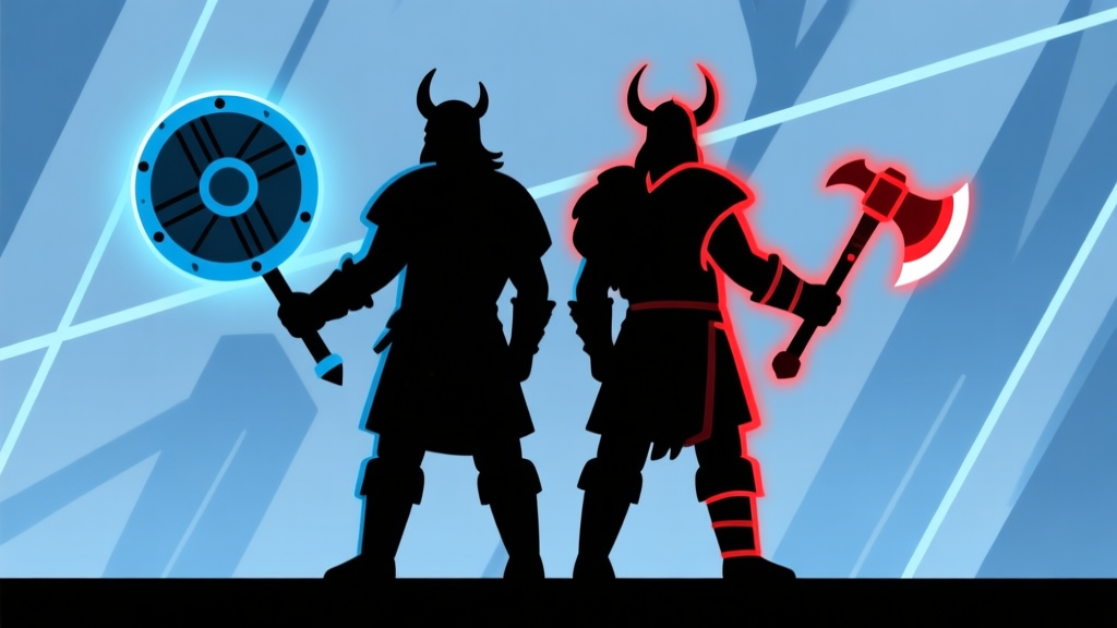 Dua karakter siluet Viking dengan gaya minimalis, berdiri back-to-back, satu memegang perisai besar dengan aura biru (tank), satu memegang dua kapak dengan aura merah (damage). Latar belakang abstrak dengan garis-garis strategis yang menghubungkan keduanya, skema warna biru dan merah yang kontras namun harmonis, gaya ilustrasi game modern yang bersih. high quality illustration, detailed, 16:9