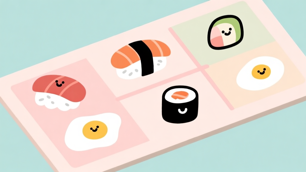 Ilustrasi papan permainan Sushi Party IO yang minimalis, dengan beberapa karakter kartun sederhana (seperti potongan sushi dan telur) berada di posisi strategis, latar belakang pastel lembut, gaya clean dan informatif high quality illustration, detailed, 16:9