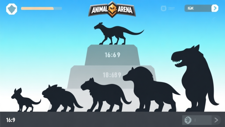 自动生成图片: Ilustrasi minimalis beberapa siluet karakter hewan dari Animal Arena dalam formasi tier, dengan latar belakang gradien biru muda ke abu-abu, desain bersih seperti dashboard strategi game high quality illustration, detailed, 16:9