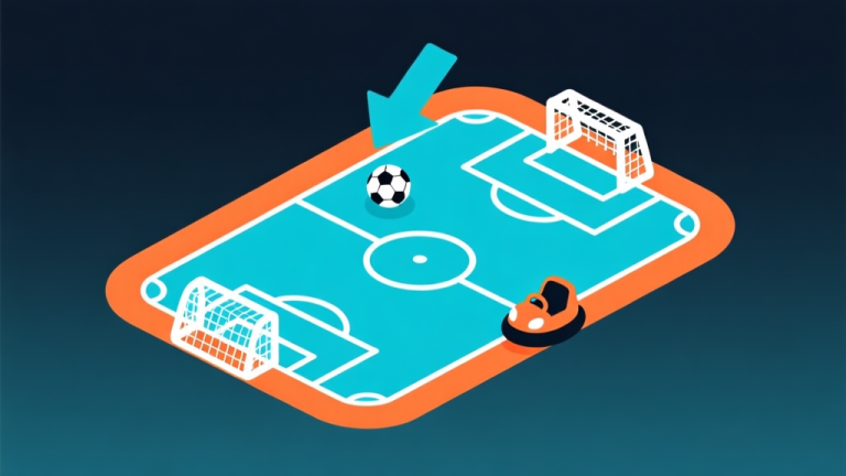 自动生成图片: Ilustrasi minimalis lapangan Bumper Cars Soccer dengan jalur panah strategis berwarna biru muda dan oranye, menunjukkan pergerakan bola dan posisi pemain, gaya clean vector, latar belakang gelap soft gradient high quality illustration, detailed, 16:9