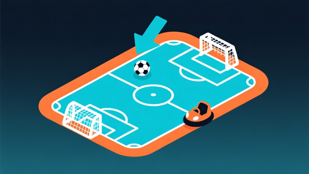 Ilustrasi minimalis lapangan Bumper Cars Soccer dengan jalur panah strategis berwarna biru muda dan oranye, menunjukkan pergerakan bola dan posisi pemain, gaya clean vector, latar belakang gelap soft gradient high quality illustration, detailed, 16:9