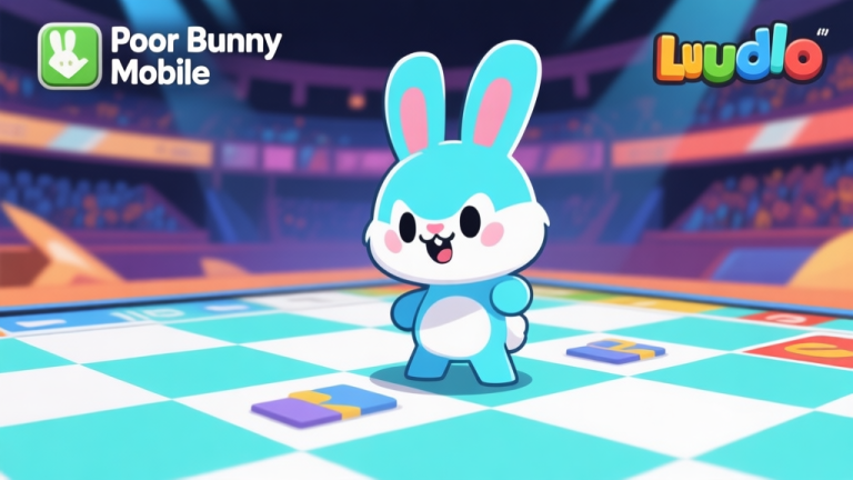 自动生成图片: Ilustrasi karakter kelinci kecil (Poor Bunny) dalam gaya game Ludo mobile, berdiri di atas papan permainan dengan latar belakang arena yang dinamis, ekspresi lincah dan siap tempur, warna dominan biru muda dan putih, desain clean dan modern high quality illustration, detailed, 16:9