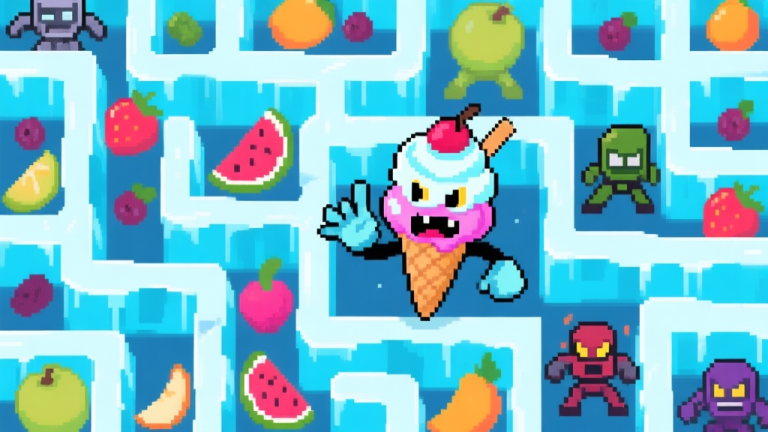 自动生成图片: Ilustrasi karakter Bad Ice Cream (es krim jahat) dalam labirin es dengan buah-buahan dan musuh, gaya pixel art yang sederhana dan warna-warni, fokus pada aksi karakter utama high quality illustration, detailed, 16:9