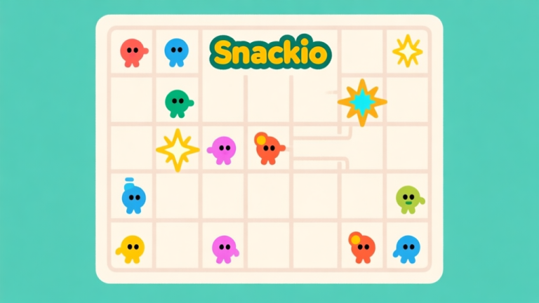 自动生成图片: Ilustrasi minimalis peta permainan Snackio dengan grid sederhana, karakter kecil berwarna-warni, dan power-up yang bersinar, gaya clean vector, warna cerah tapi tidak terlalu mencolok, fokus pada kejelasan mekanisme high quality illustration, detailed, 16:9