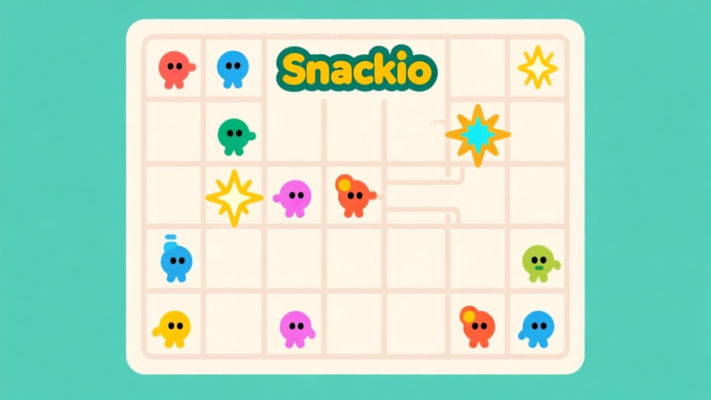 Ilustrasi minimalis peta permainan Snackio dengan grid sederhana, karakter kecil berwarna-warni, dan power-up yang bersinar, gaya clean vector, warna cerah tapi tidak terlalu mencolok, fokus pada kejelasan mekanisme high quality illustration, detailed, 16:9