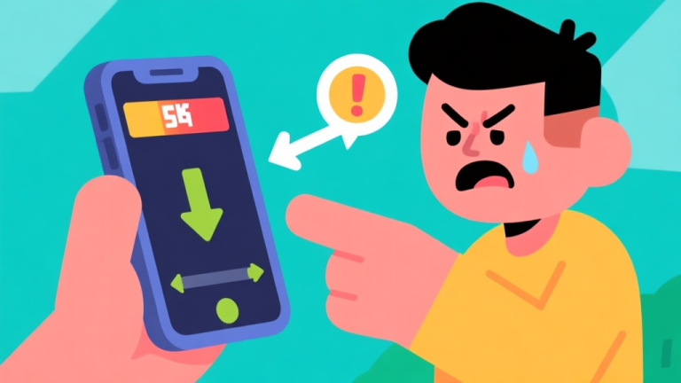 自动生成图片: Ilustrasi karakter game kartun yang frustrasi melihat skor rendah di layar ponsel, dengan panah dan tanda seru menunjuk ke kesalahan umum, gaya flat design minimalis dengan warna cerah khas game mobile high quality illustration, detailed, 16:9