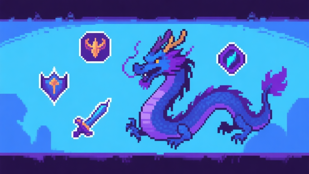 Ilustrasi naga game pixel art dengan beberapa ikon skill mengambang di sekitarnya, skema warna biru dan ungu gelap, desain minimalis yang bersih, gaya visual game retro high quality illustration, detailed, 16:9