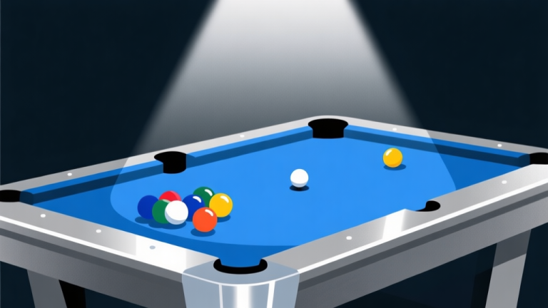 自动生成图片: Ilustrasi minimalis meja battle golf dengan beberapa bola berwarna berbeda dan satu lubang, latar belakang gelap dengan sorotan cahaya di area penting, gaya clean vector, skema warna biru dan abu-abu metalik high quality illustration, detailed, 16:9