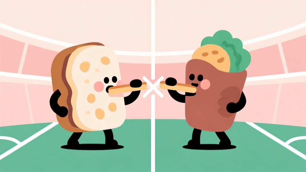 Ilustrasi minimalis dari dua karakter makanan kartun yang sedang berhadap-hadapan di arena duel, dengan garis-garis strategis samar di latar belakang, skema warna pastel yang lembut, gaya desain bersih dan modern high quality illustration, detailed, 16:9