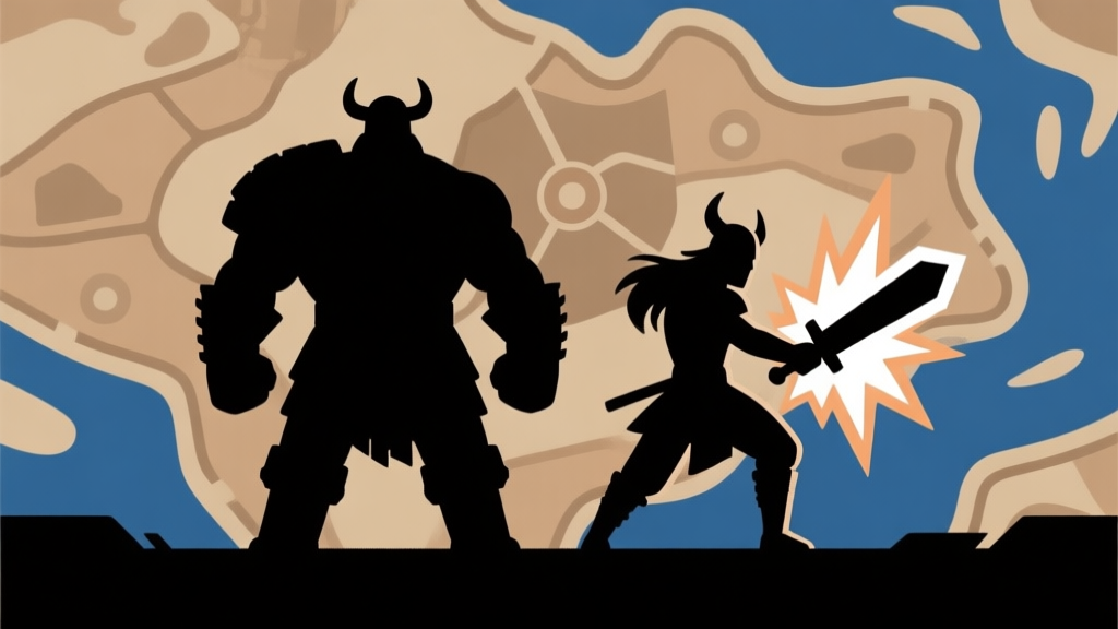 Ilustrasi minimalis dua siluet karakter game dengan gaya Viking yang berbeda, satu besar dan kokoh (tank), satu lincah dengan efek pedang (damage), di latar belakang peta strategis abstrak dengan warna earth tone dan biru tua, gaya clean vector high quality illustration, detailed, 16:9