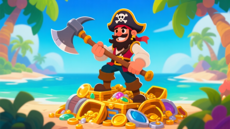 自动生成图片: Ilustrasi karakter game bergaya kartun dengan seorang bajak laut memegang sekop besar, berdiri di atas tumpukan harta karun, latar belakang pulau tropis, warna-warna cerah namun tidak terlalu mencolok, gaya artwork game mobile high quality illustration, detailed, 16:9