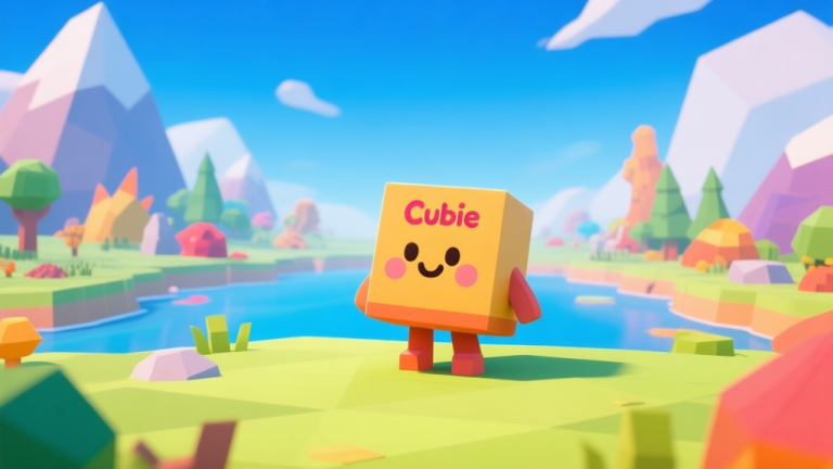 自动生成图片: Ilustrasi karakter kubus lucu (Cubie) berdiri di depan dunia terbuka dengan berbagai bioma, gaya game low-poly yang cerah dan warna-warni, desain minimalis dan bersih high quality illustration, detailed, 16:9
