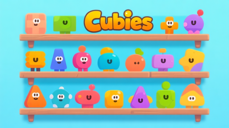 自动生成图片: Ilustrasi karakter game 'Cubies' dengan berbagai bentuk dan warna, disusun seperti koleksi di rak, dengan latar belakang biru muda yang bersih, gaya seni digital yang cerah dan ramah high quality illustration, detailed, 16:9
